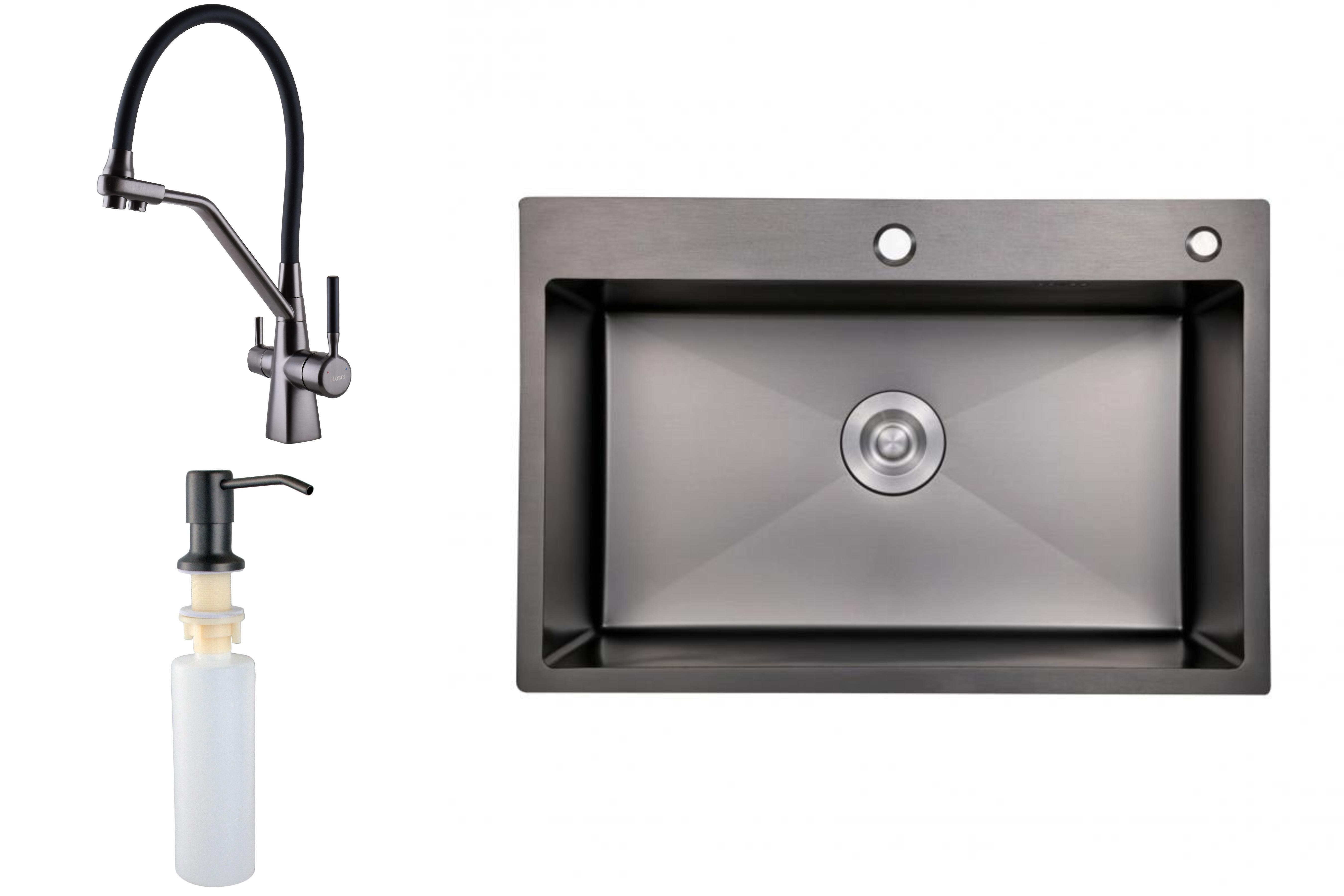 Мийка для кухні з нержавіючої сталі із змішувачем під осмос з дозатором 60х50 см Чорний (785242)