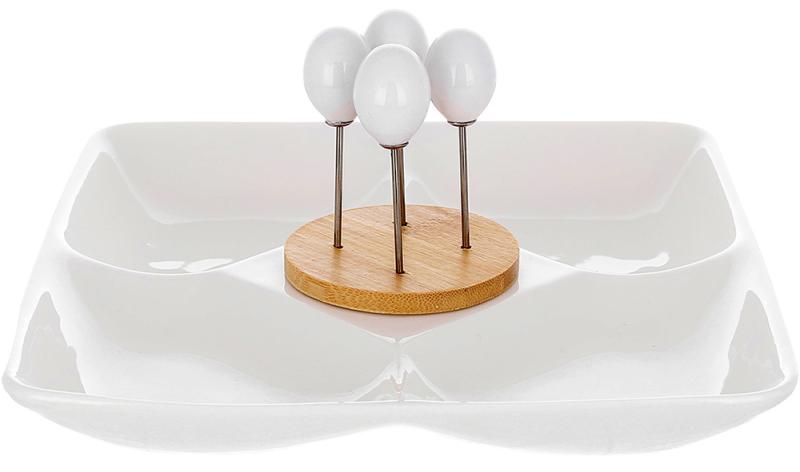 Блюдо-минажница фарфоровая Nouvelle Home для закусок с вилочками и бамбуковой подставкой 20х20 см