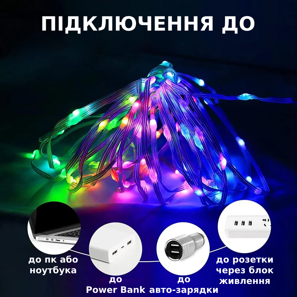 Гірлянда штора USB розумна з пультом-застосунком на телефон APP Bluetooth RGB 300LED 3x3 м (6004) - фото 2 Гірлянда штора USB розумна з пультом-застосунком на телефон APP Bluetooth RGB 300LED 3x3 м (6004) - фото 2