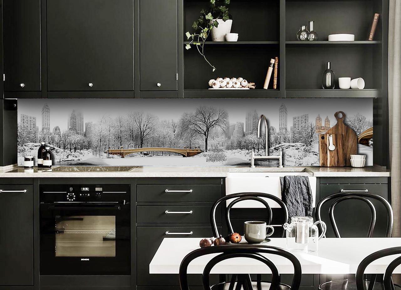 Кухонный фартук Зима снег деревья из самоклеящейся виниловой пленки 60х300 см Серый