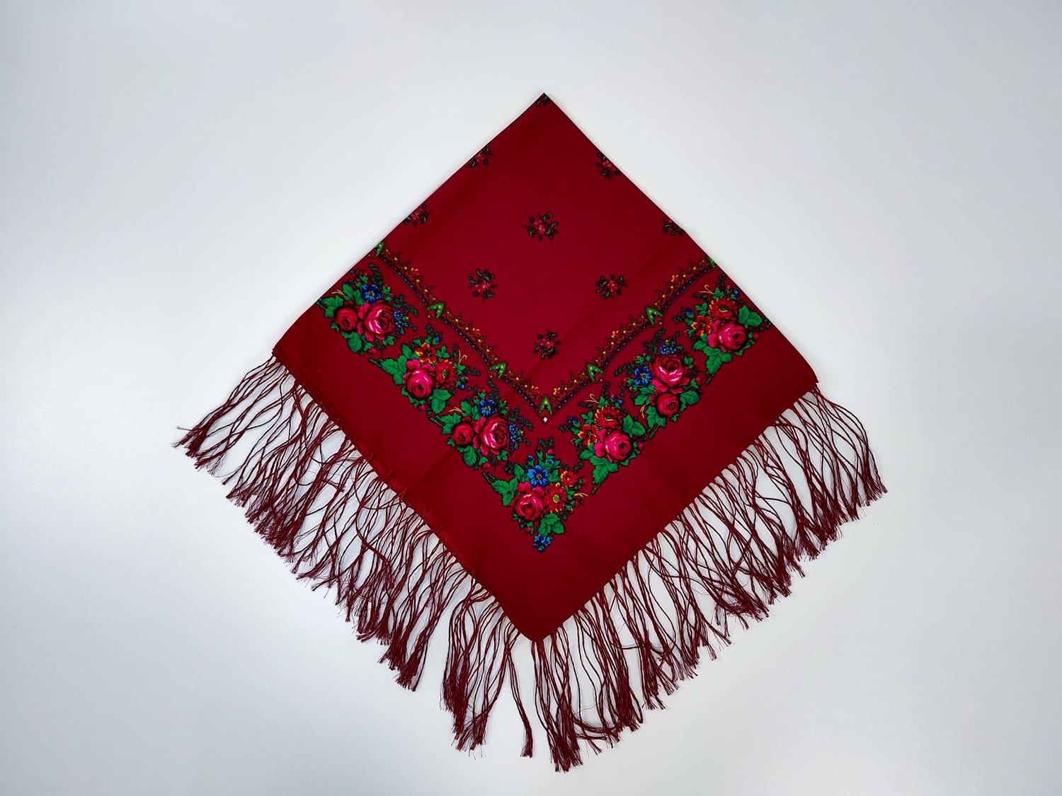 Платок с кистями Цветущая традиция 80x80 см Бордовый (30314573)
