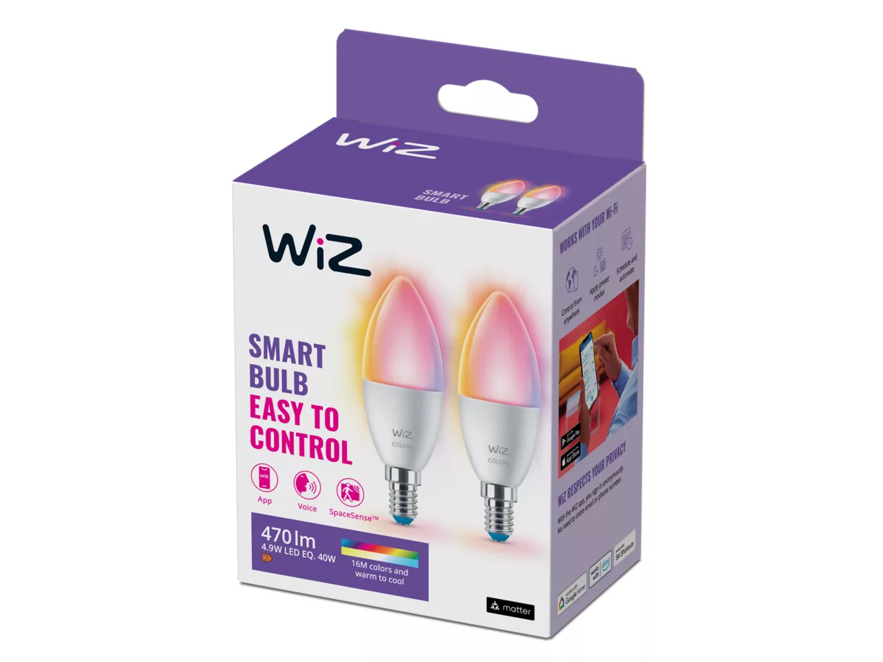 Умная лампа WiZ E14 LED White and Color Ambiamce 2 шт. 40W WiFi/Matter over WiFi/Alexa/Google Home/IFTTT/Samsung Smartthings Умная лампа WiZ E14 LED White and Color Ambiamce 2 шт. 40W WiFi/Matter over WiFi/Alexa/Google Home/IFTTT/Samsung Smartthings
