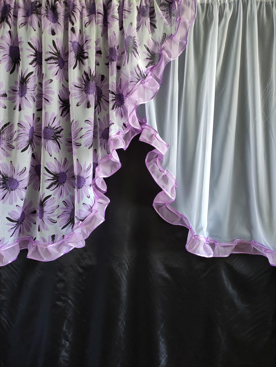 Тюль кухонна Ірис з двох частин батист та шифон 300х140 см Білий з бузковим (уо-003) - фото 1 Тюль кухонна Ірис з двох частин батист та шифон 300х140 см Білий з бузковим (уо-003) - фото 1