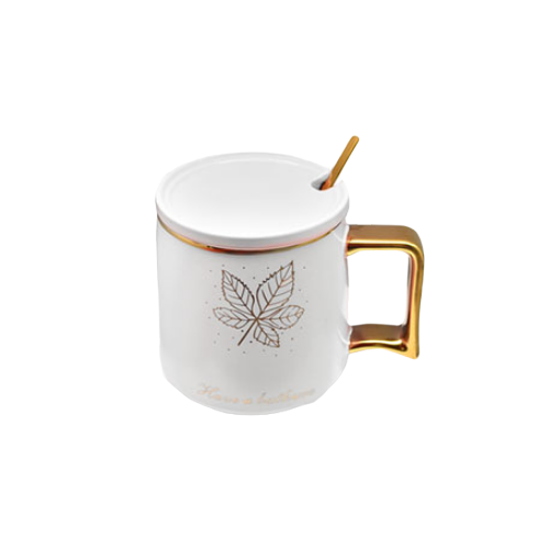 Чашка з кришкою та ложкою Stenson Golden leaves YG00964 500 мл