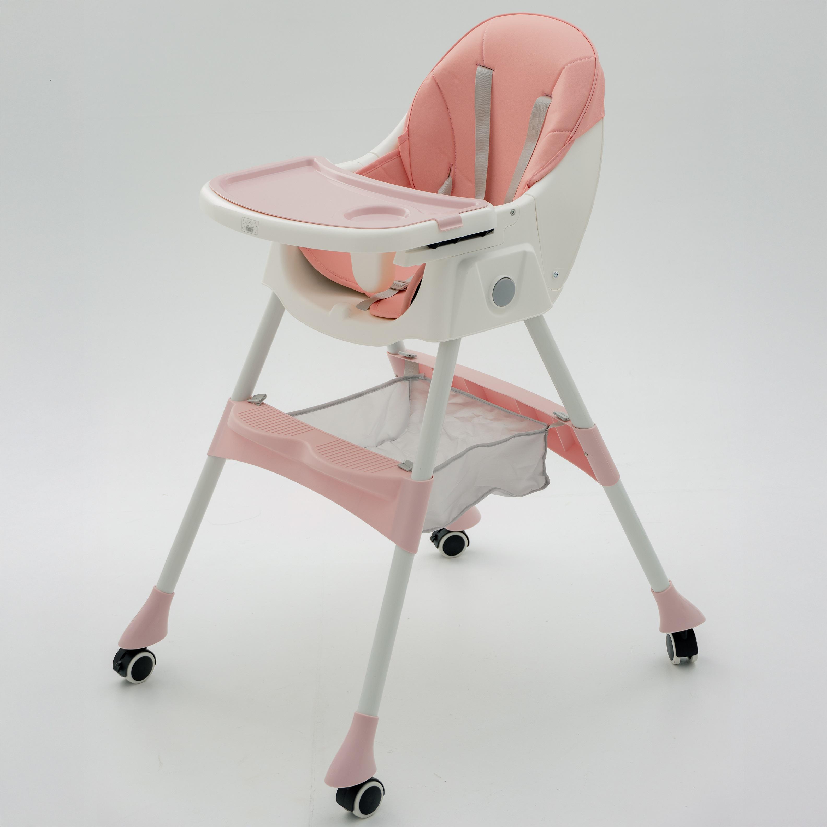 Стульчик для кормления Totti Caffe с регулируемой спинкой складной на колесах Розовый