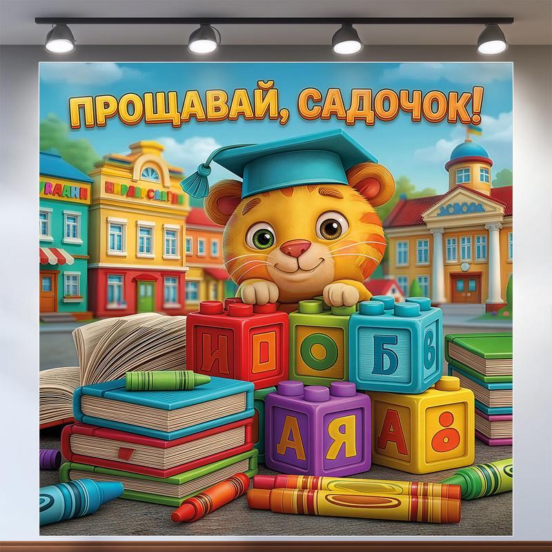 Баннер для фотозоны на выпускной в детском саду "Прощавай садочок" с тигренком и кубиками 160х160 см