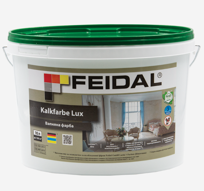 Фарба вапняна для внутрішніх і зовнішніх робіт Kalkfarbe Lux Feidal 2,5 л Білий - фото 1 Фарба вапняна для внутрішніх і зовнішніх робіт Kalkfarbe Lux Feidal 2,5 л Білий - фото 1