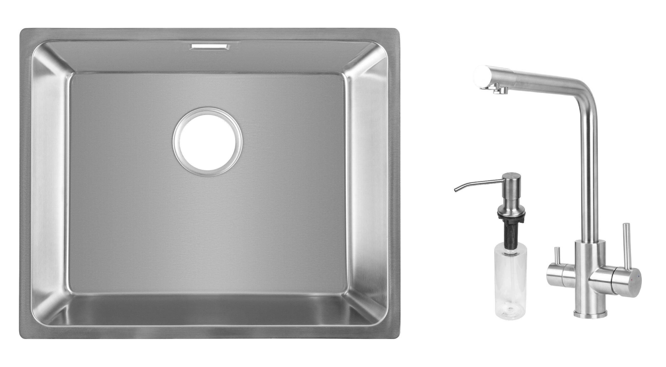 Комплект из кухонной мойки Gunter&Hauer Gera 5420 IX кухонного смесителя Gunter&Hauer PERLE Brush и дозатора Gunter&Hauer SOAP DISPENSER Inox