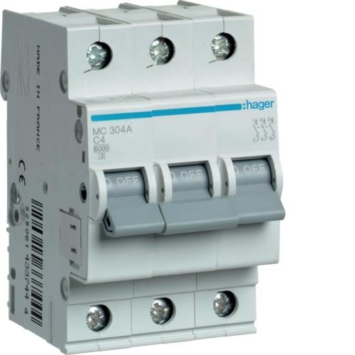 Автоматический выключатель Hager MC304A 3P 6kA C 4A 3M (000012780)