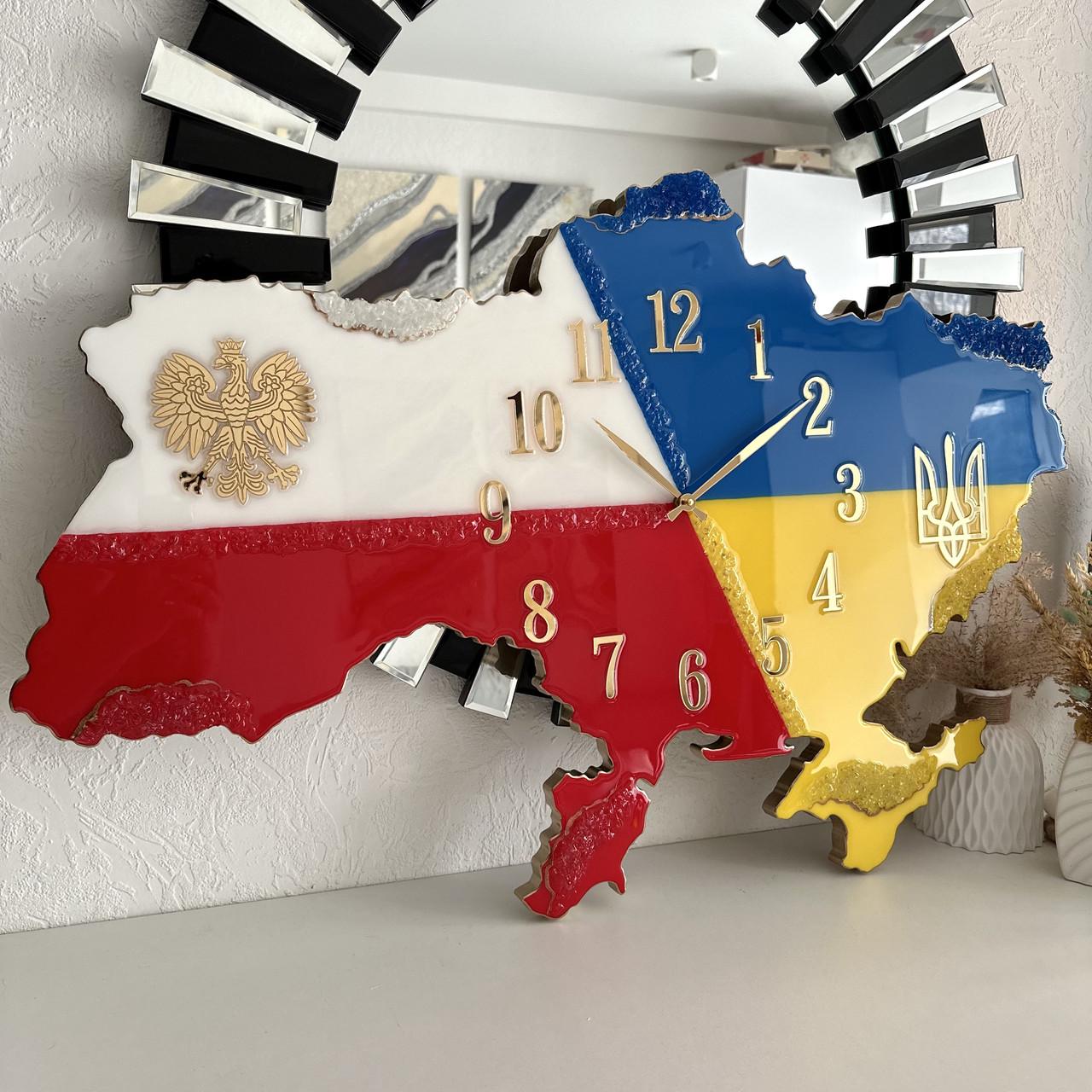 Часы настенные из эпоксидной смолы Карта Украины с Польшей 50x34 см