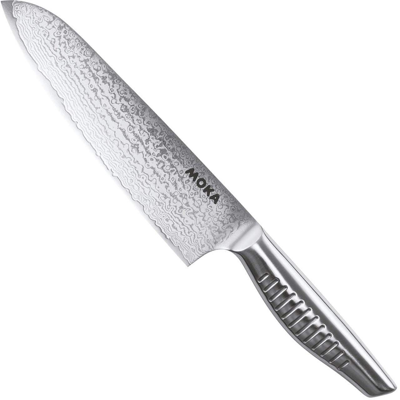 Шеф-нож кухонный японский сантоку Suncraft Moka Damascus цельное литье из дамасской стали 180 мм Серебристый (2126267946)