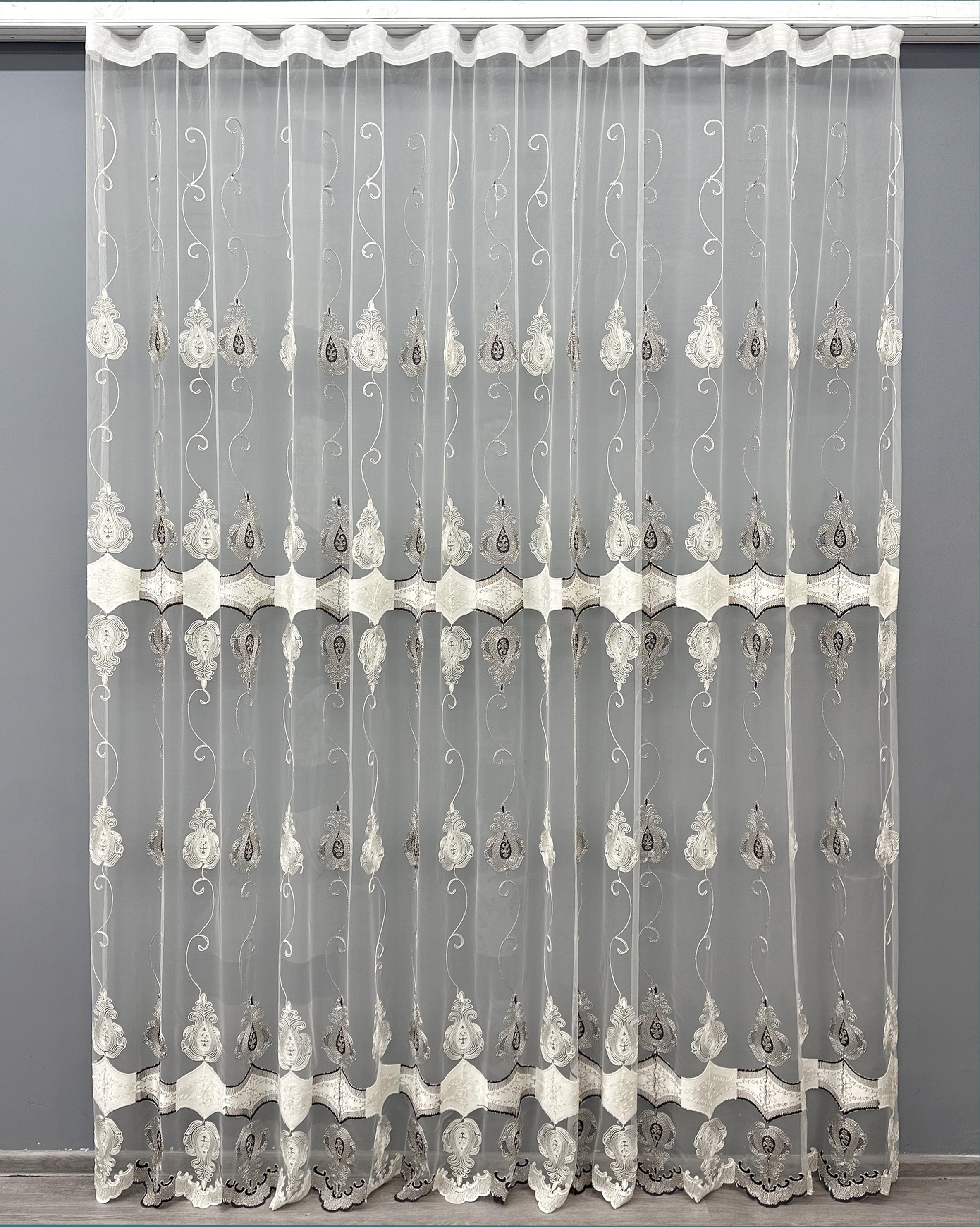 Тюль VR-Textil 1617т Фатин Kort с вышивкой/люрексом и бархатной вставкой 300х270 см Молочный/Венге (42-0579)