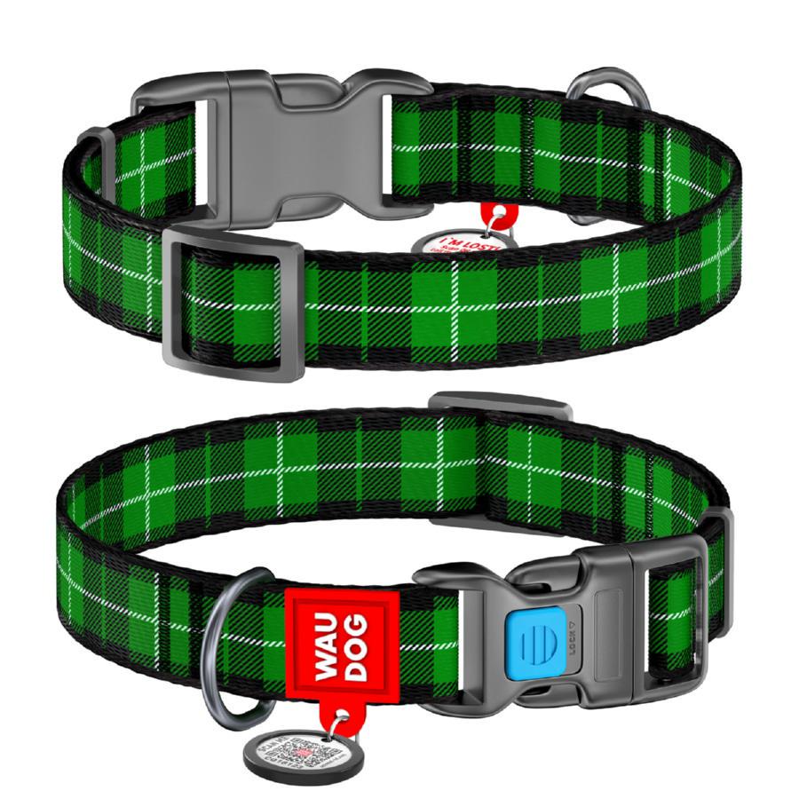 Ошейник для собак нейлоновый Waudog Nylon Шотландка с QR паспортом пластиковый фастекс S 15 мм 23-35 см Зеленый