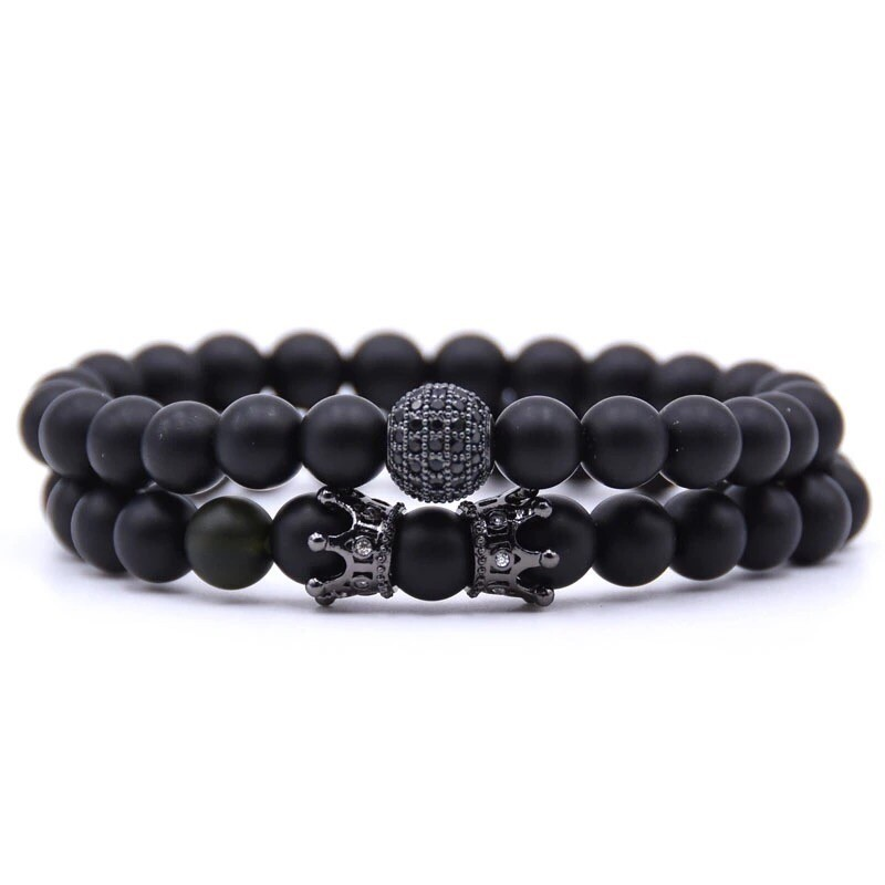 Комплект браслетів шунгіта з чорними коронами та кулею р. 14 (12008)