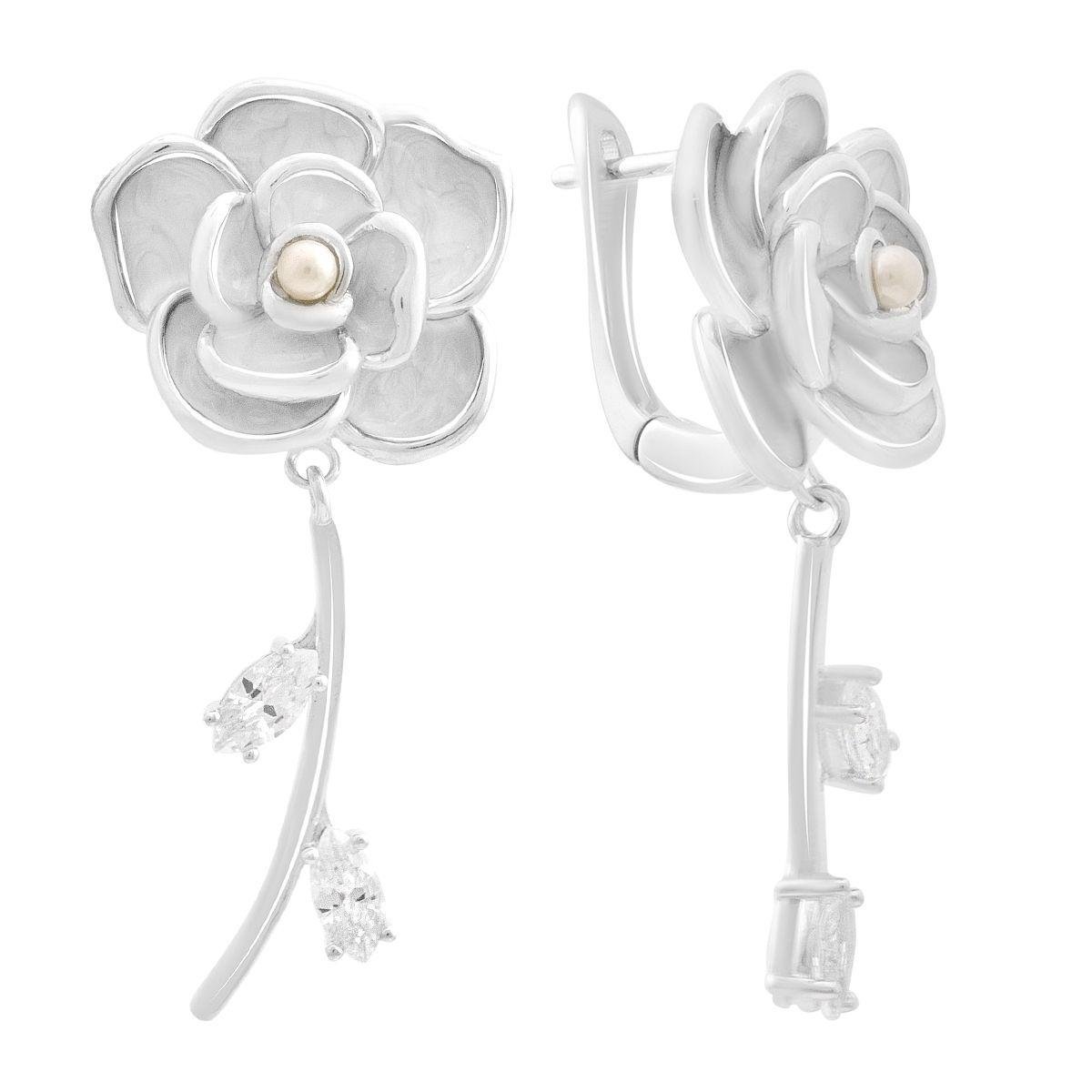 Сережки срібні у формі квітки з натуральною перлиною та фіанітами Сережки срібні у формі квітки з натуральною перлиною та фіанітами
