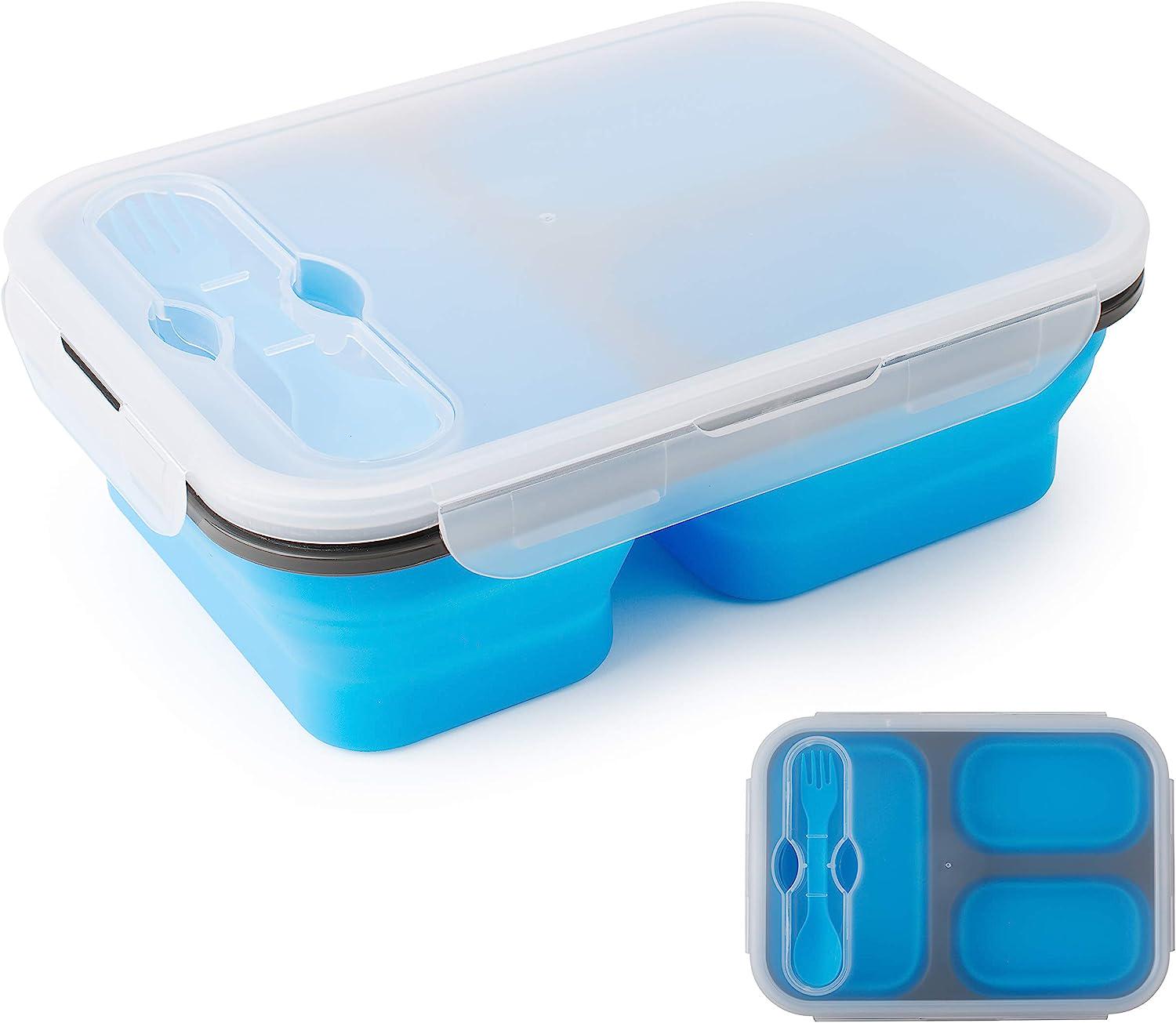 Ланч бокс складной Collapsible Silicone Lunch Box 3 секции со столовым прибором Синий - фото 2