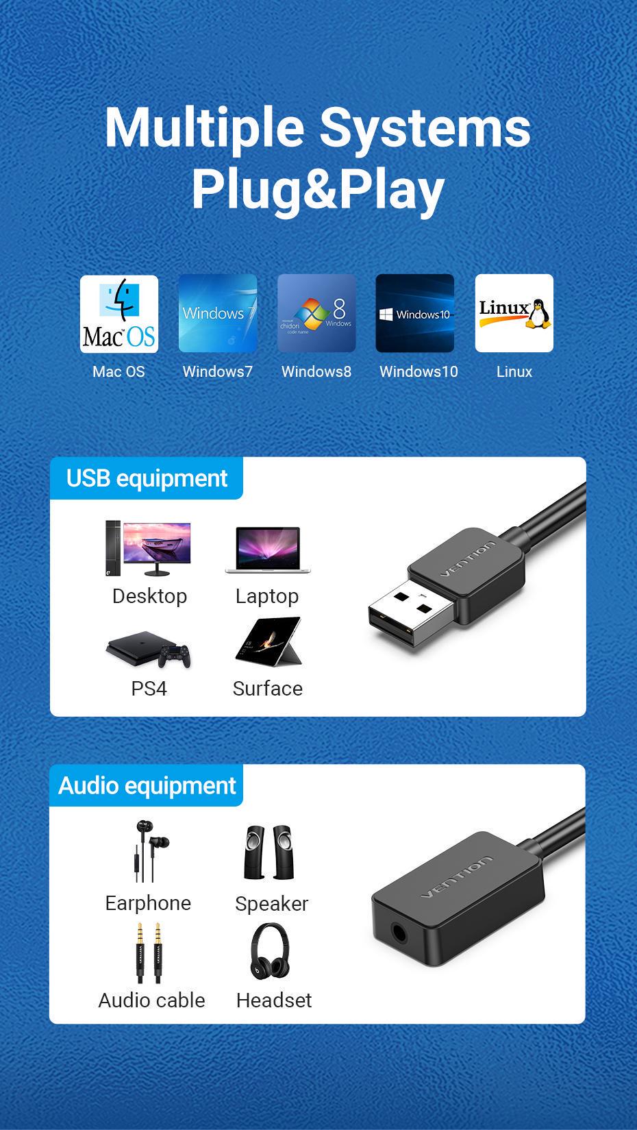 Зовнішня звукова карта Vention USB OMTP CTIA роз'єм 3,5 мм для гарнітури шумозаглушення Plug and Play 48кГц 16біт 0.15 м Чорний (CDZB0) - фото 7 Зовнішня звукова карта Vention USB OMTP CTIA роз'єм 3,5 мм для гарнітури шумозаглушення Plug and Play 48кГц 16біт 0.15 м Чорний (CDZB0) - фото 7