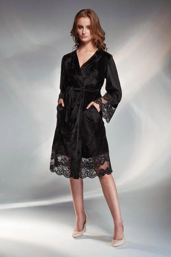 Халат жіночий велюровий SHATO 1735k 2XL на запах з мереживом Чорний