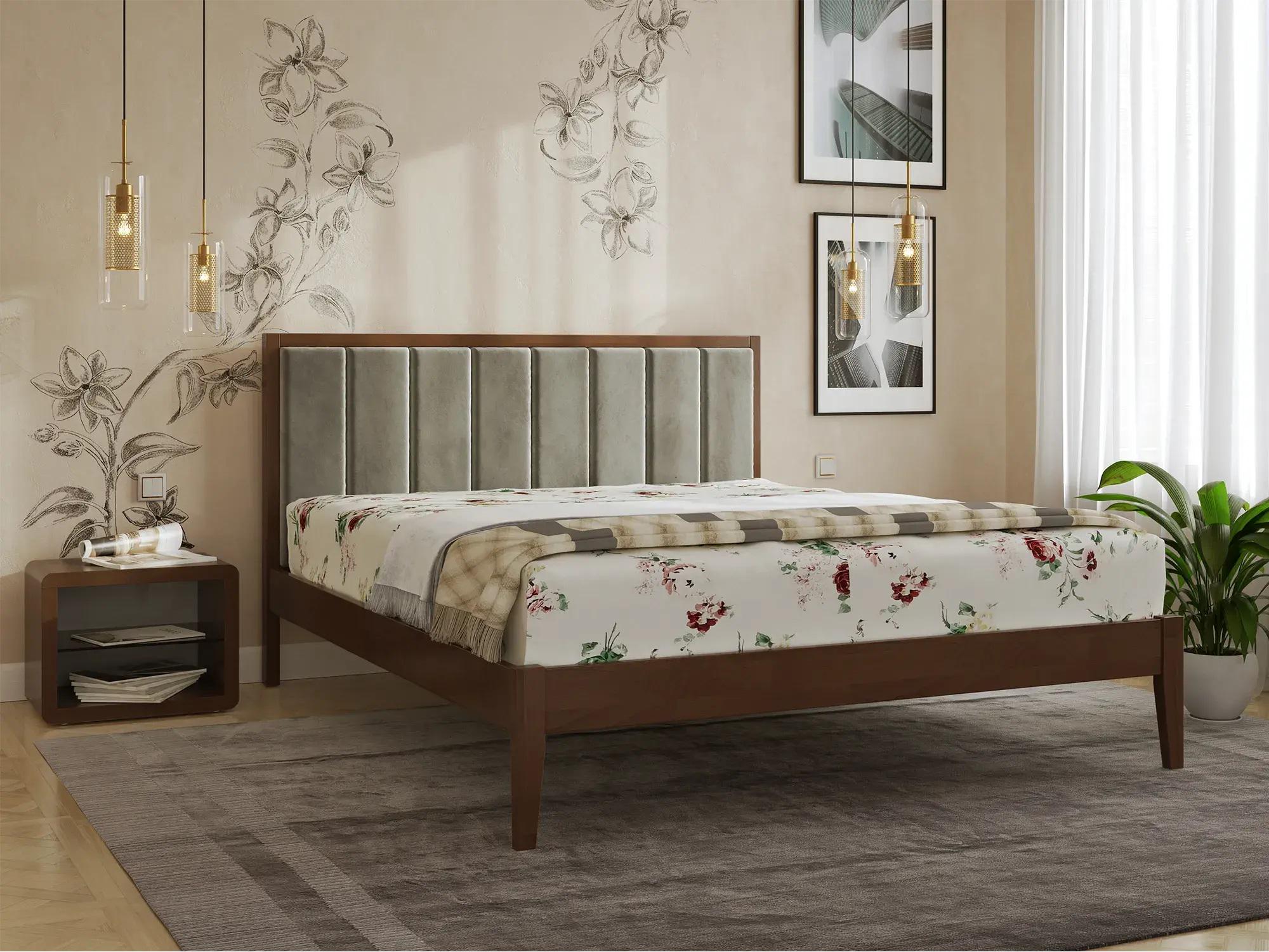 Кровать двуспальная Arbor Drev Грация Премиум из натурального дерева бук/текстиль 180х200 см Орех/Серый (51303)