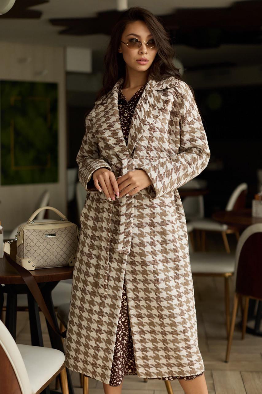 Пальто жіноче Seventeen в гусячу лапку S-M Коричневий з бежевим (1822980356) - фото 5