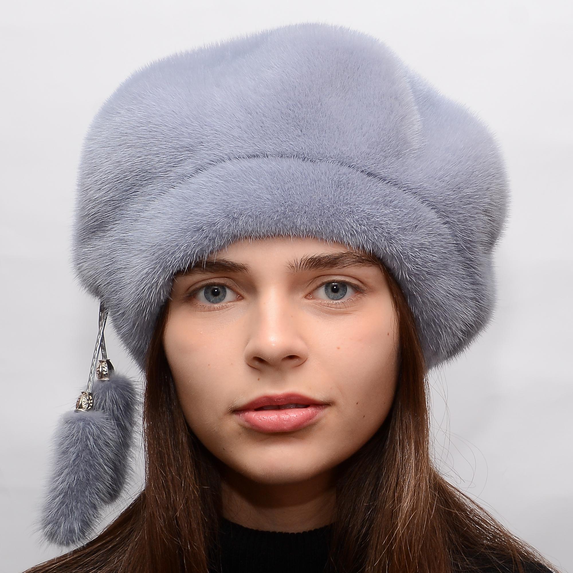 Берет женский Меховой стиль фалды из натурального меха норки XL-XXL Голубой (020)