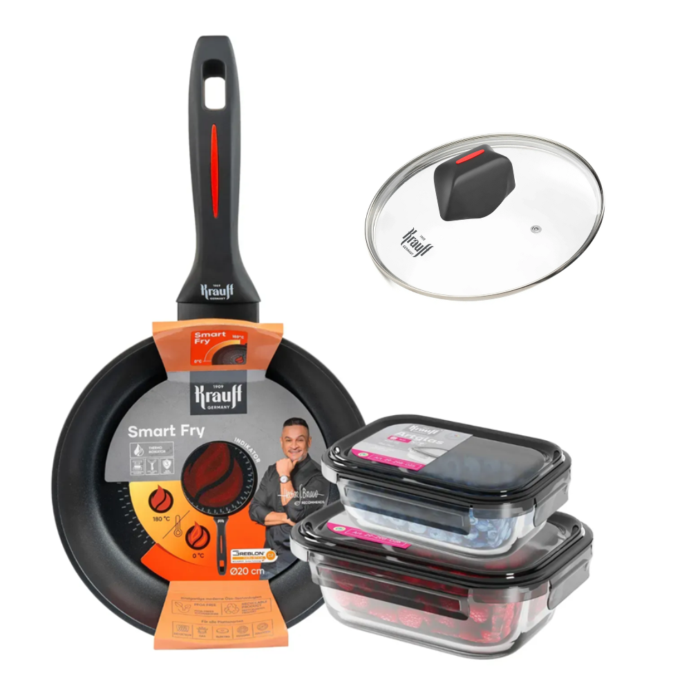 Сковорода с крышкой Krauff Smart Fry с индикатором нагрева 20 см с набором стеклянных контейнеров (28545)