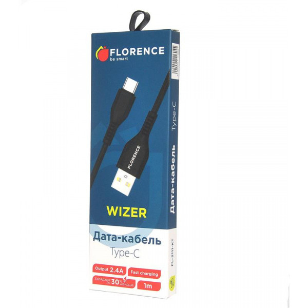 Кабель Florence Wizer Type-C 1 м 2.4A Black (FL-2111-KT) - фото 2