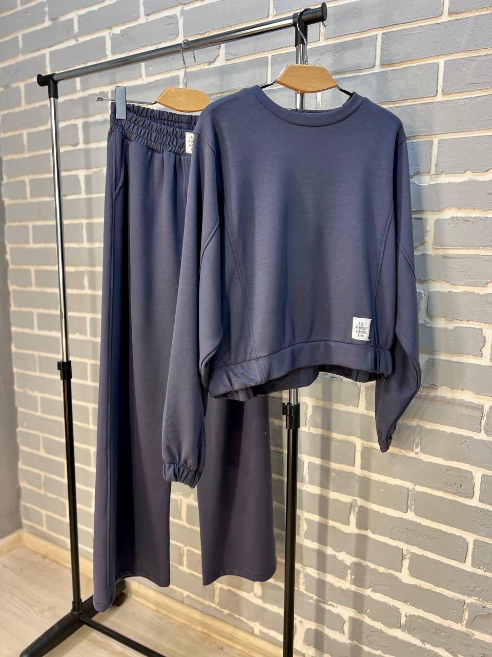 Костюм женский CREP 82287 бифлекс свитшот и брюки палаццо M Графитовый (1613) - фото 6