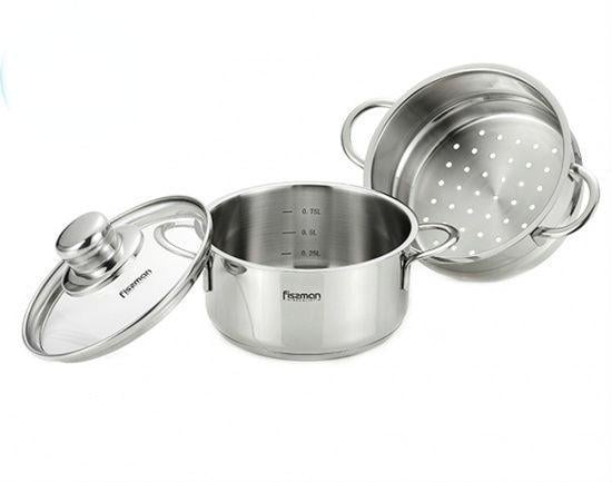 Каструля Fissman Bambino з індукційним дном 14x7 см 1,1 л із вставкою-пароваркою 14x6,5 см зі скляною кришкою із нержавіючої сталі (SS-5275.14)