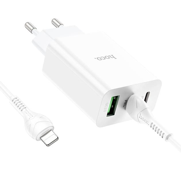 Устройство сетевое зарядное Hoco C99A PD20W QC3.0 1 USB/2Type-C/3A с кабелем для зарядки Type-C/Lightning Белый - фото 9