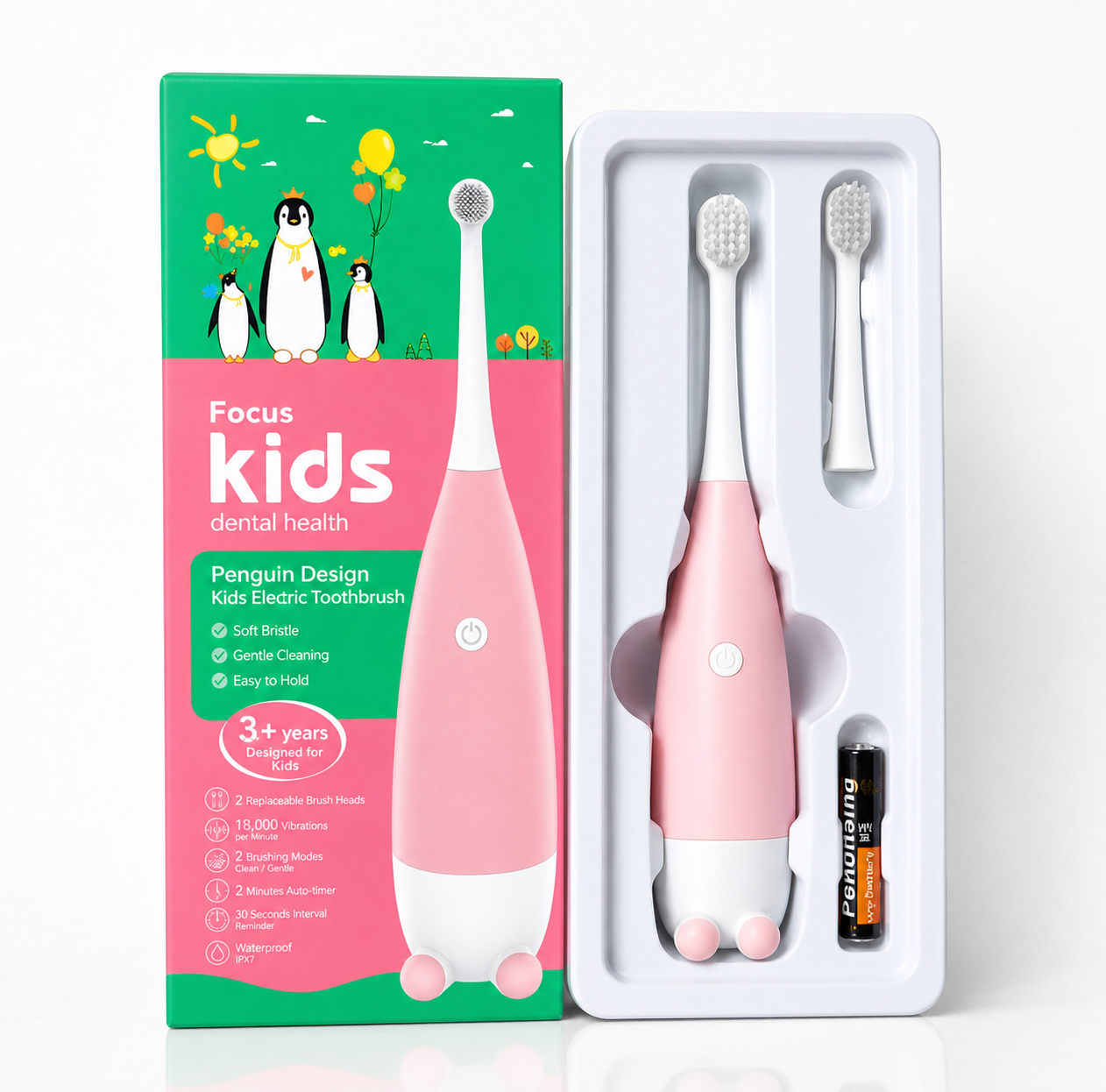 Детская электрическая зубная щетка Пингвинчик Focus Kids Розовый (3028548077)