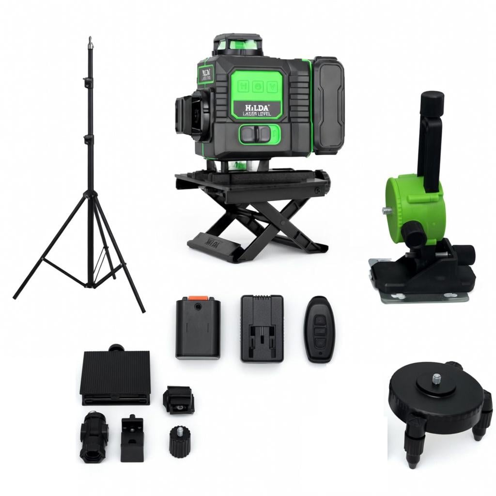 Лазерный нивелир HILDA Maximum 16 линий 4D Зеленый луч с 2 аккумуляторами и штативом 2.1 метр Откалиброванный лазерный уровень (33054507)