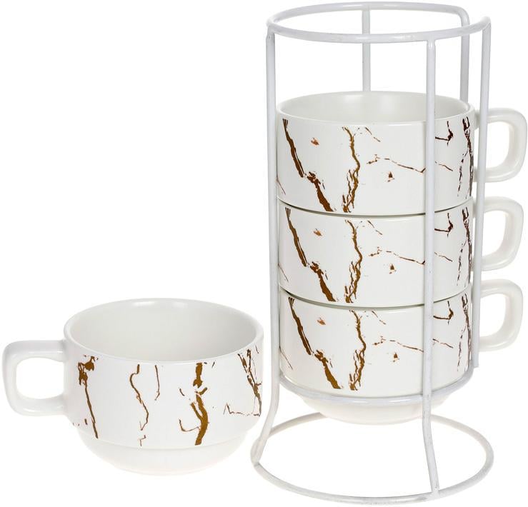Набір порцелянових кружок Мармурова Розкіш на підставці 200 мл 4 шт. Білий із золотом Набір порцелянових кружок Мармурова Розкіш на підставці 200 мл 4 шт. Білий із золотом