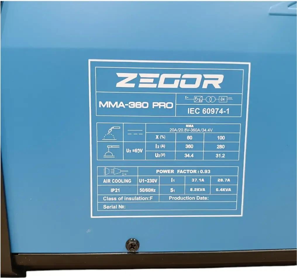 Сварочный аппарат инверторный Zegor MMA-360 PRO/IGBT 6,2 кВт MMA (MMA-360 Pro) - фото 8 Сварочный аппарат инверторный Zegor MMA-360 PRO/IGBT 6,2 кВт MMA (MMA-360 Pro) - фото 8