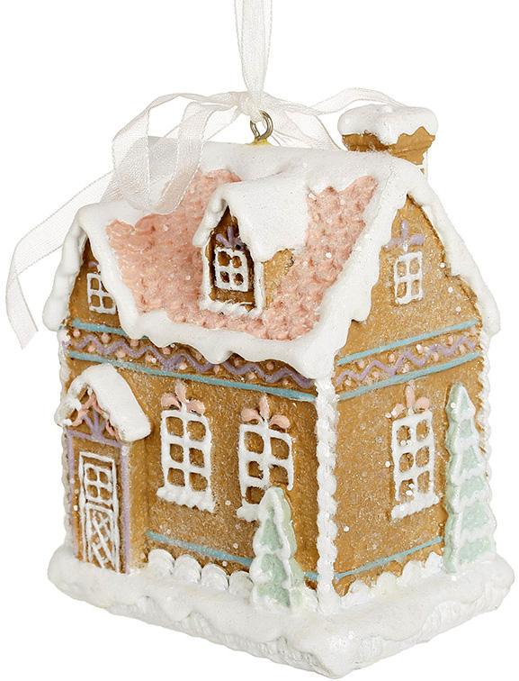 Набор декоративных подвесок Пряничный Домик с глиттером 6 шт. 10 см Имбирный с розовым