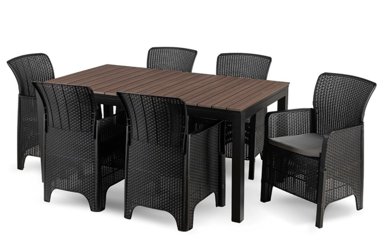 Комплект садових меблів FRESNO MEBEL ELITE ARGOS Стіл розсувний 160-260х90 см/6 крісел Горіх/Чорний (34355346) Комплект садових меблів FRESNO MEBEL ELITE ARGOS Стіл розсувний 160-260х90 см/6 крісел Горіх/Чорний (34355346)