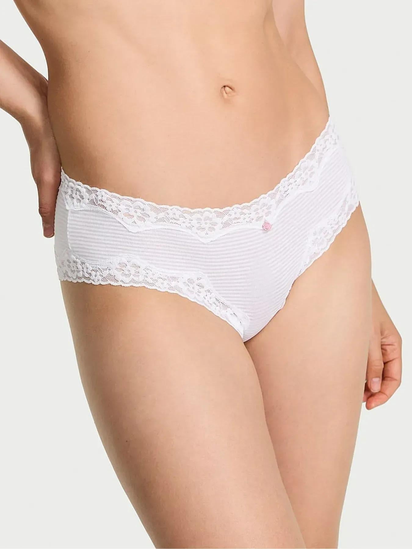 Трусики чики Victoria's Secret Cotton Shadow Stripe Lace-Waist Cheeky Panty M Белый (27109360)