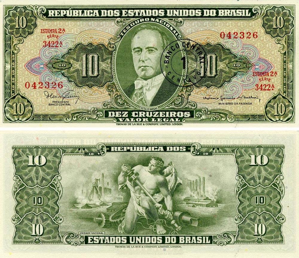 Коллекционная банкнота Бразилия 10 крузейро 1966-1967 1 сентаво на 10 крузейро UNC (P183b)
