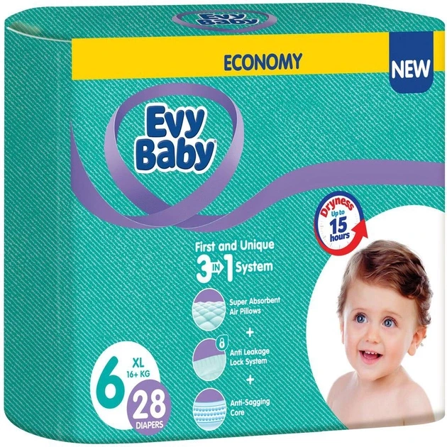 Підгузки гігієнічні дитячі одноразові Evy Baby 6 XL 16+ кг 28 шт. (2033893646)
