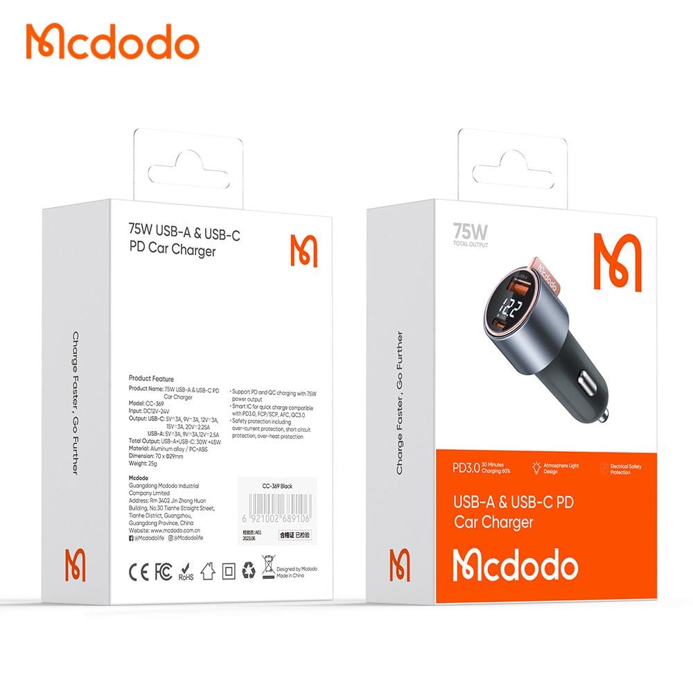 Зарядное устройство автомобильное Mcdodo 75W Digital Display PD Fast Car Charger с двумя портами USB-A/Type-C - фото 2