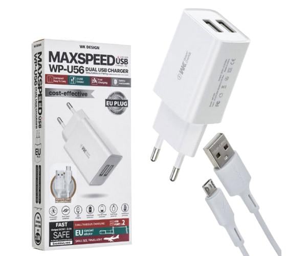 Пристрій зарядний мережевий WK WP-U56m з кабелем MicroUsb 2 Usb 2 A White