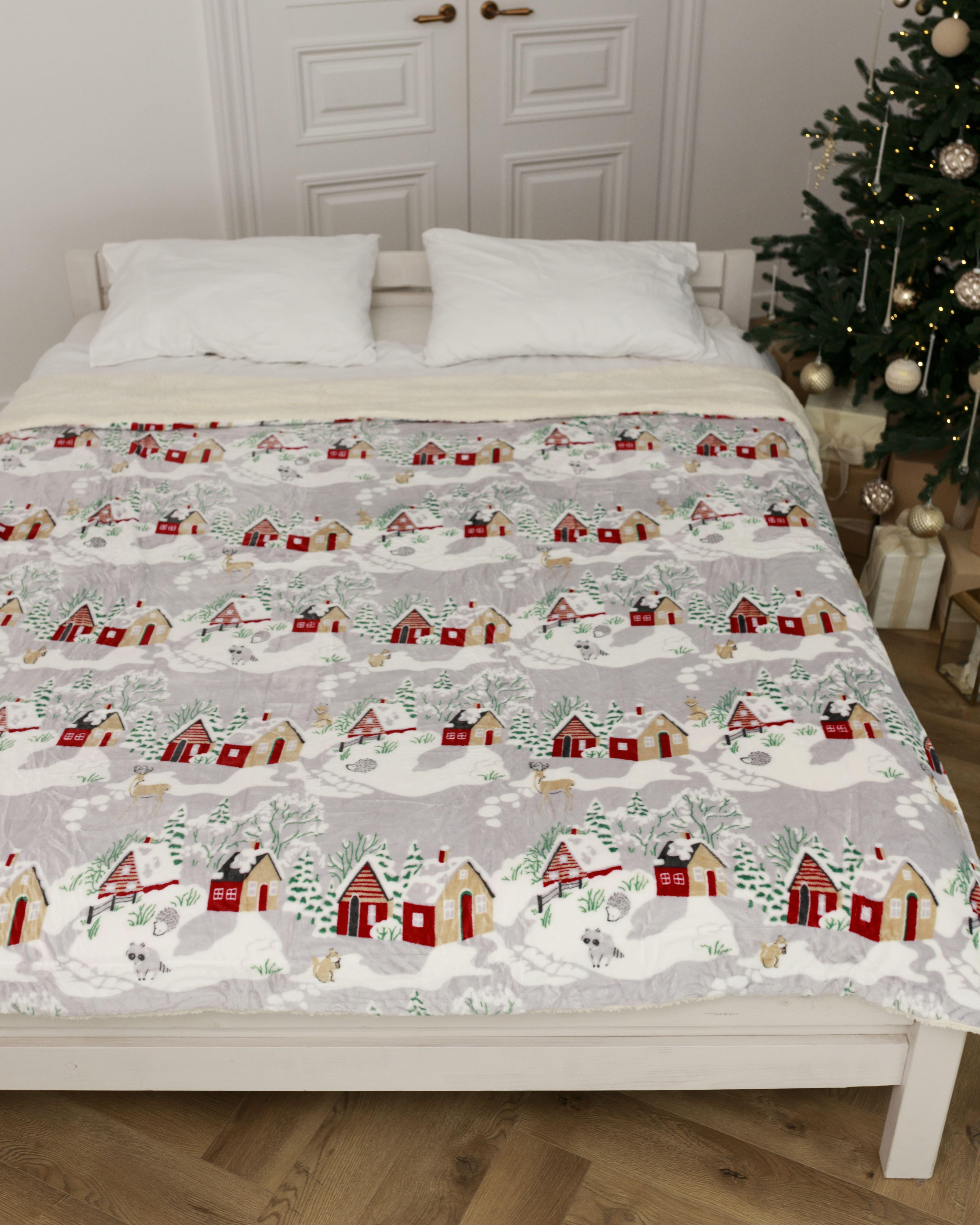 Плед-покривало двухсторонній Зимове містечко на еко овчині 200x230 см (31259563)