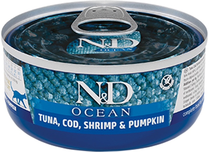 Корм для котів вологий Фарміна N&D GF OCEAN TUNA COD SHRIMP & PUMPKIN тріска/тунець/креветка/гарбуз беззерновий 70 г (01997)