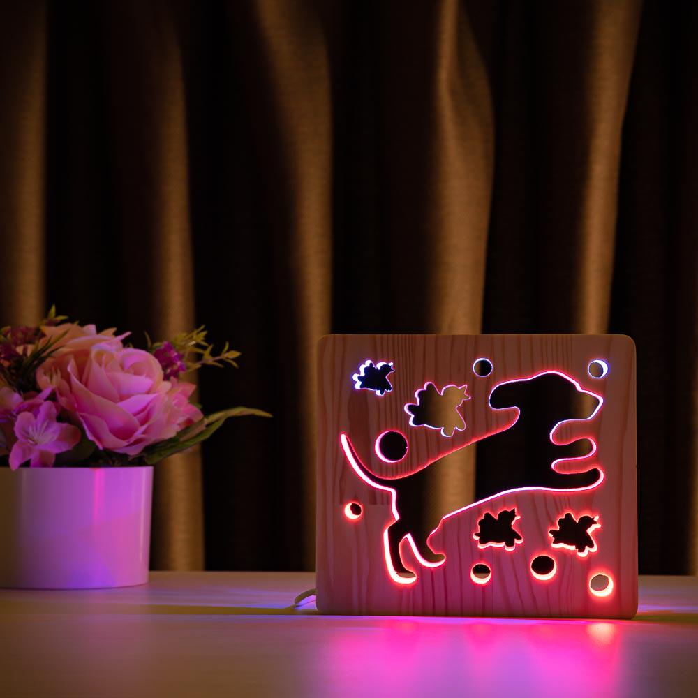 Светильник ночник из дерева LED Собака и птички с пультом и регулировкой цвета