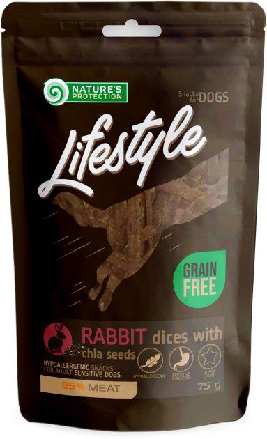 Ласощі для собак Nature's Protection Lifestyle snack for dogs soft rabbit dices with chia seeds скибочки кролятини з насінням Чіа 75 г