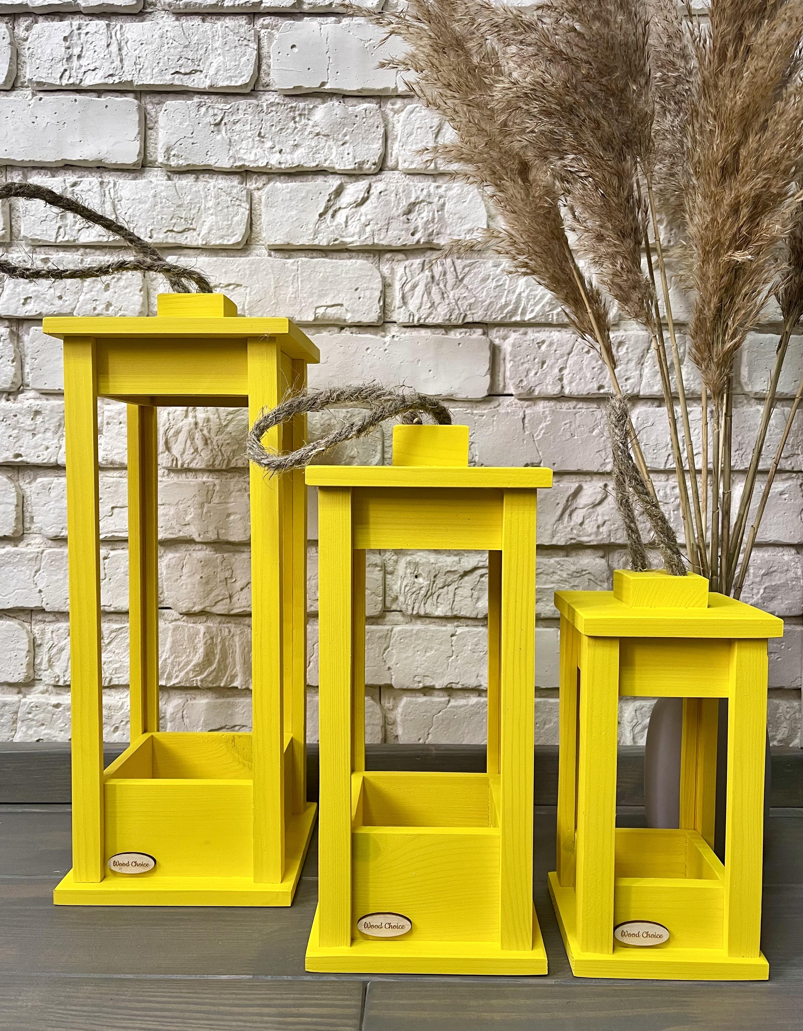 Набор подсвечников деревянные Фонари 25/35/45 см Желтый - фото 1 Набор подсвечников деревянные Фонари 25/35/45 см Желтый - фото 1