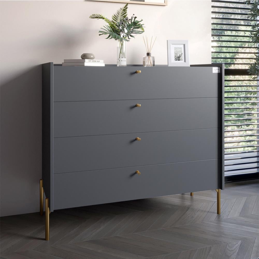 Комод с 4 ящиками Lion Wood с золотыми ножками 100х90х45 см Антрацит (000-000-1930) Комод с 4 ящиками Lion Wood с золотыми ножками 100х90х45 см Антрацит (000-000-1930)