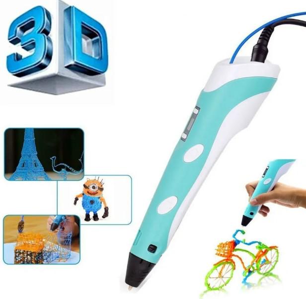Ручка 3D для рисования 3D Pen 2 и пластик с трафаретами 50 м Голубой - фото 2