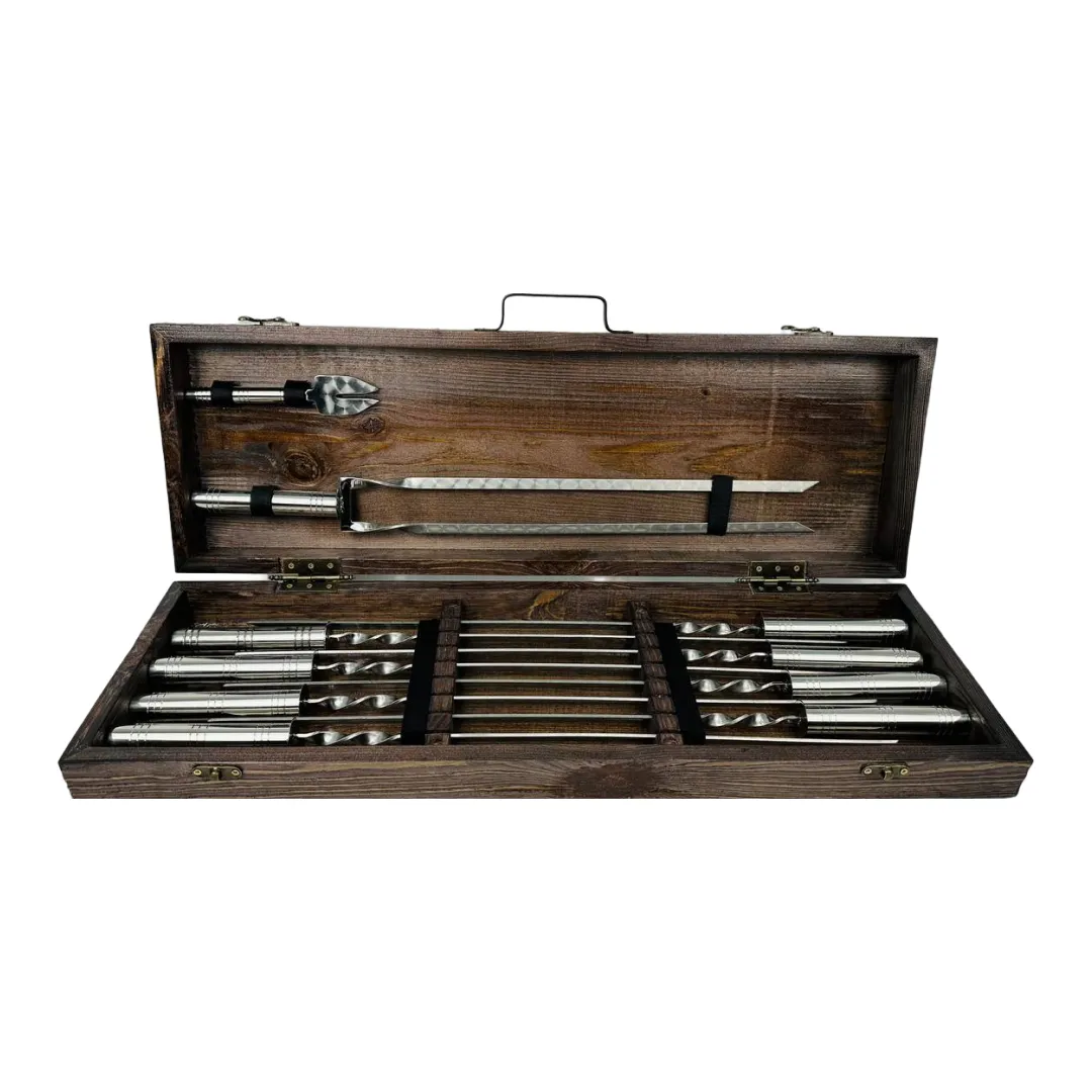 Набір шампурів у кейсі Срібло середній дерев'яний з нержавіючої сталі (2-10-KS-7611)