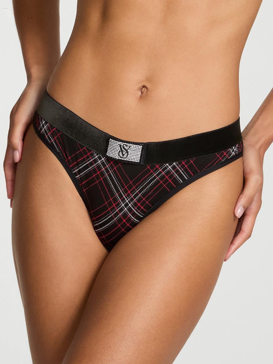 Трусики женские Victoria's Secret Logo Cotton Shine Patch Velvet Thong L Черный (999632259717)